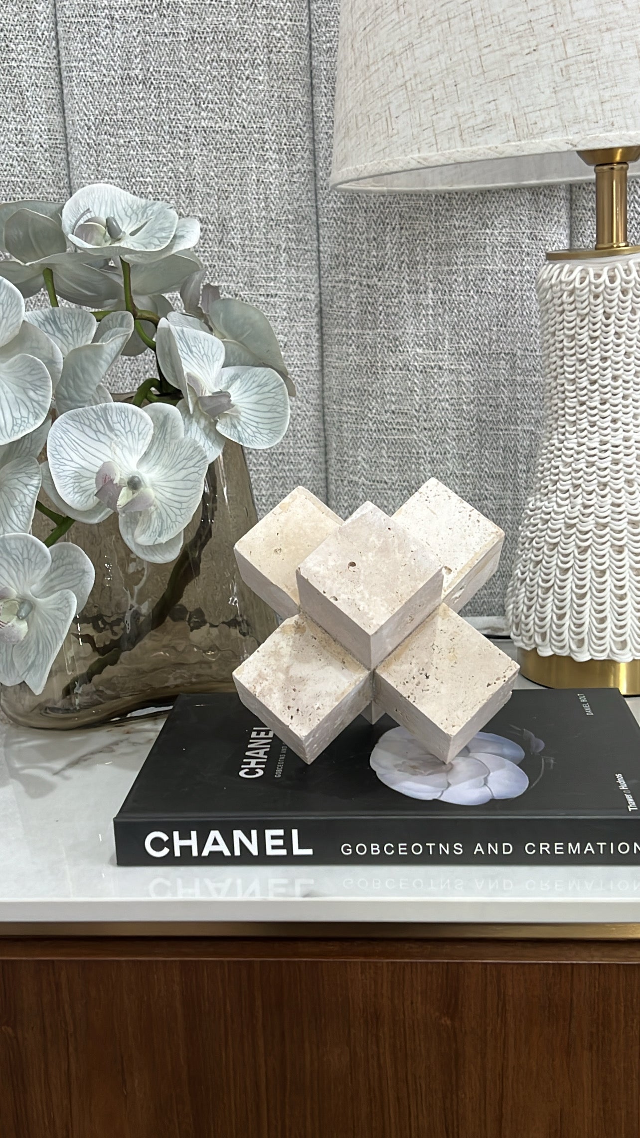 Geometric travertine stone sculpture - Luscious Homewares