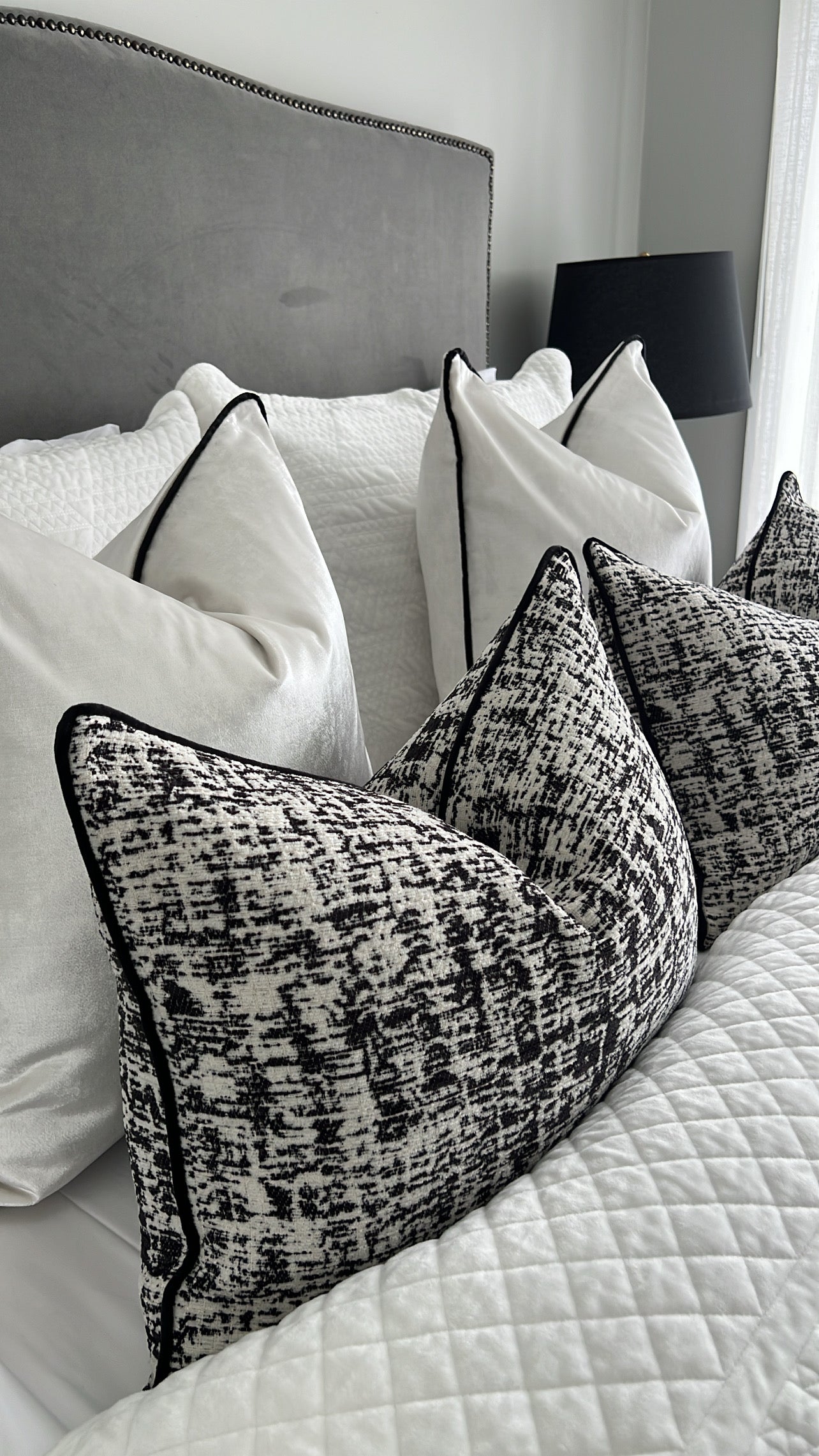 Royal luxe pearl / black piping cushion - Luscious Homewares