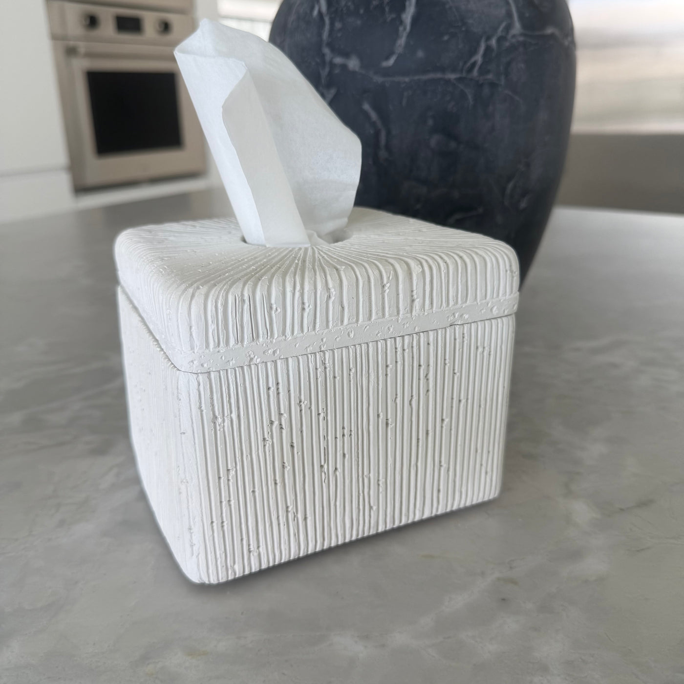 White ribbed Stone tissue box - Luscious Homewares