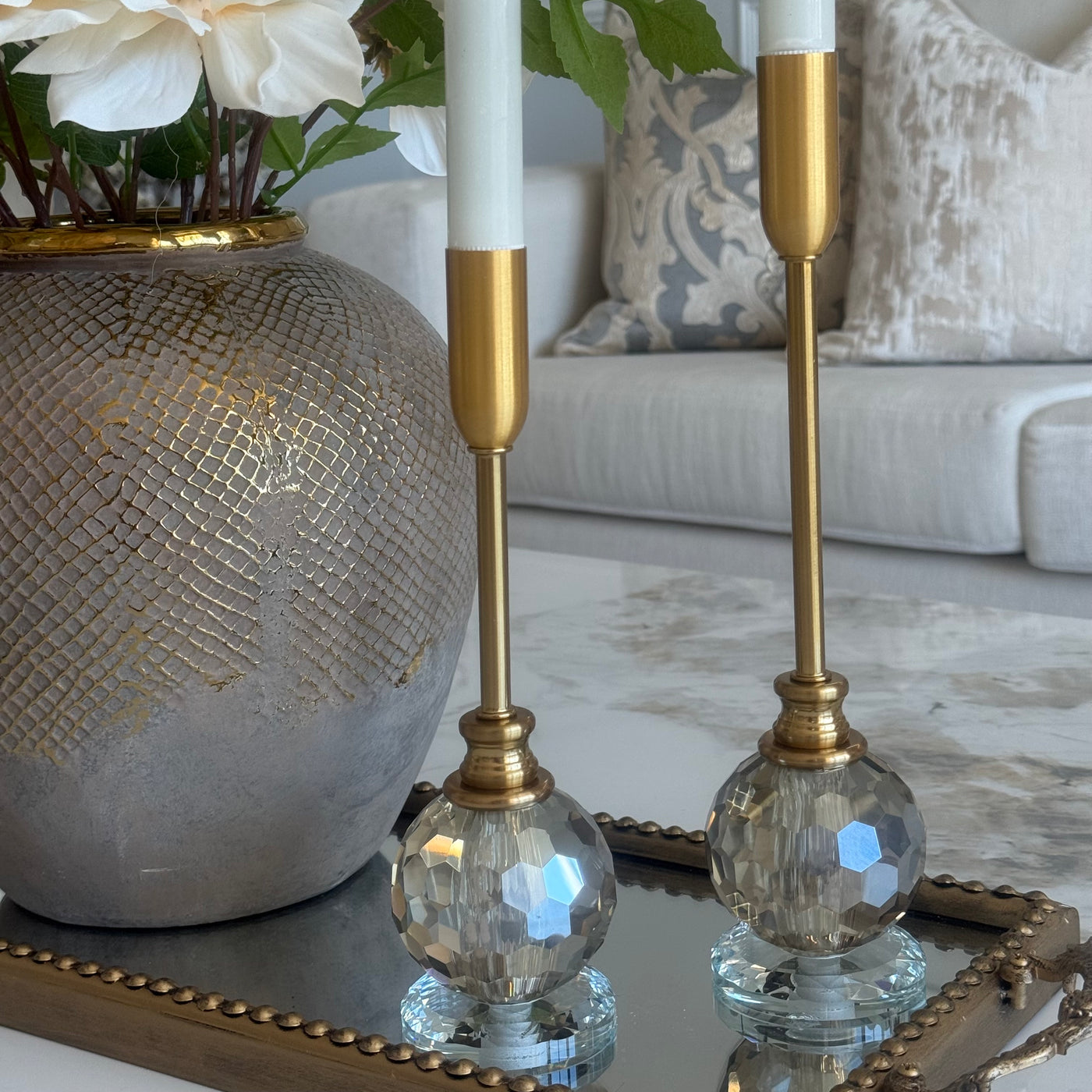 Crystal bell Gold candle holders set of 2