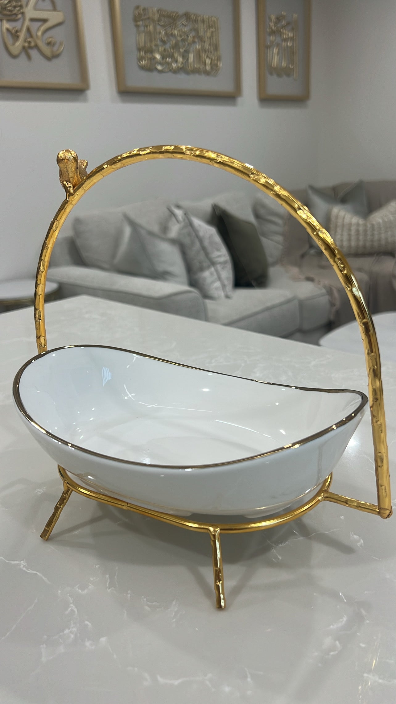 Asffor white and gold serving bowl with handle - Luscious Homewares