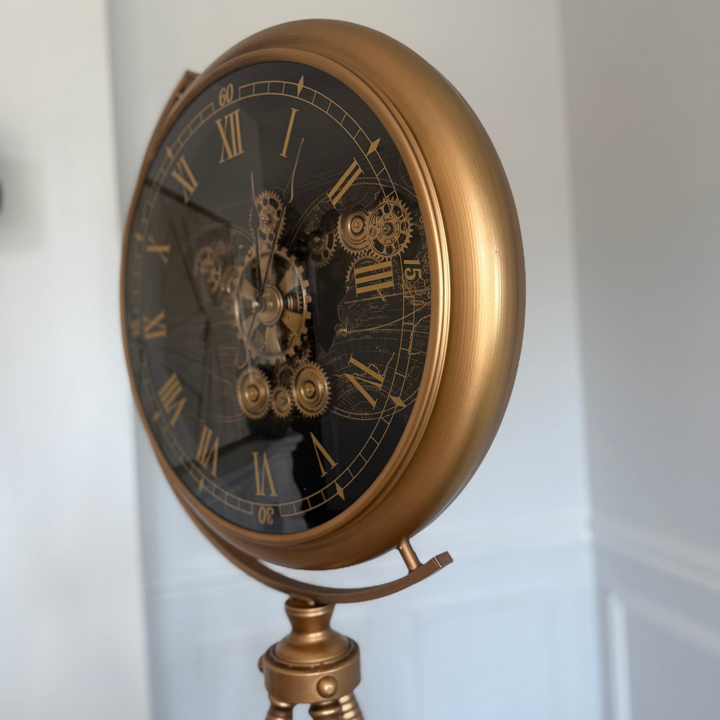 Large gold tripod floor gear clock 186cm - Luscious Homewares