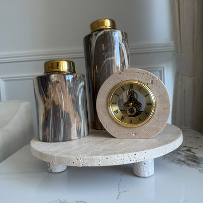 Travertine Stone round pedestal tray 35 cm diameter