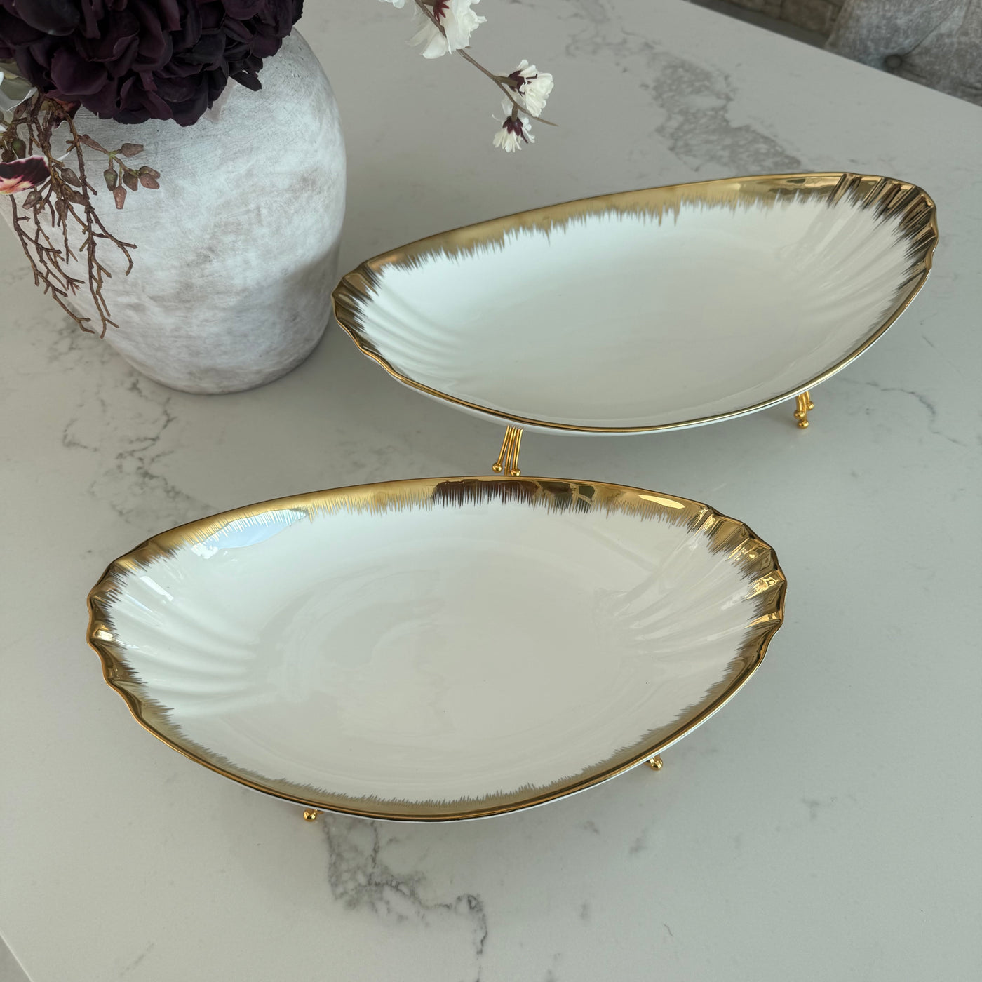Leanna white and gold oval serving bowl platter with stand - Luscious Homewares