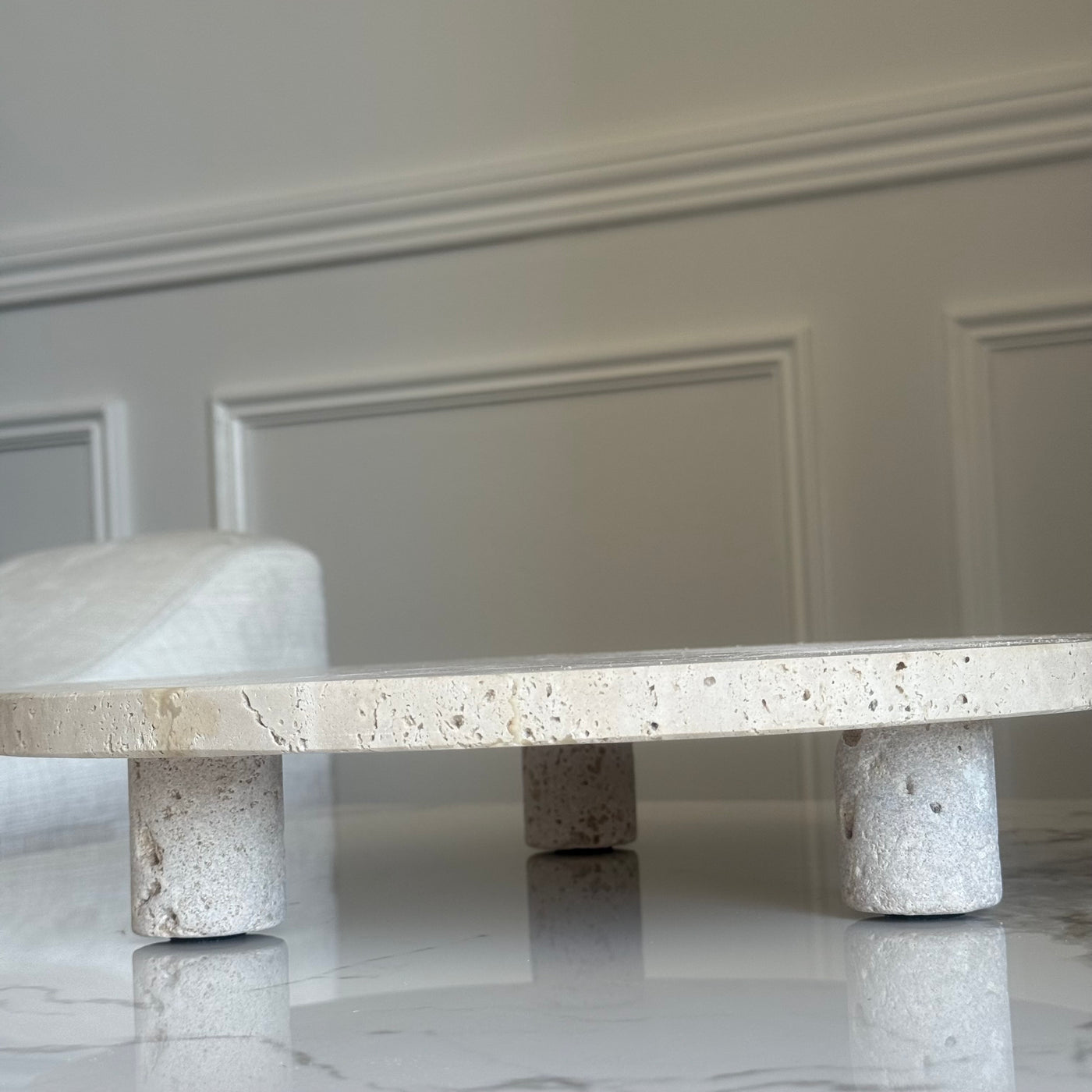 Travertine Stone round pedestal tray 35 cm diameter