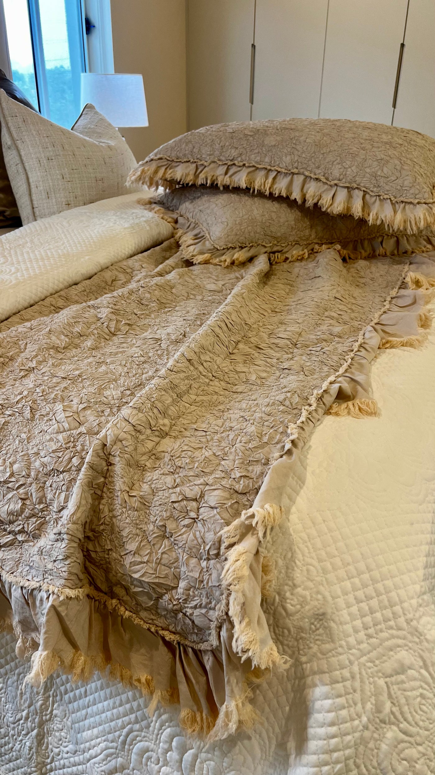 Angelica soft natural Coverlet 3 piece set queen size - Luscious Homewares