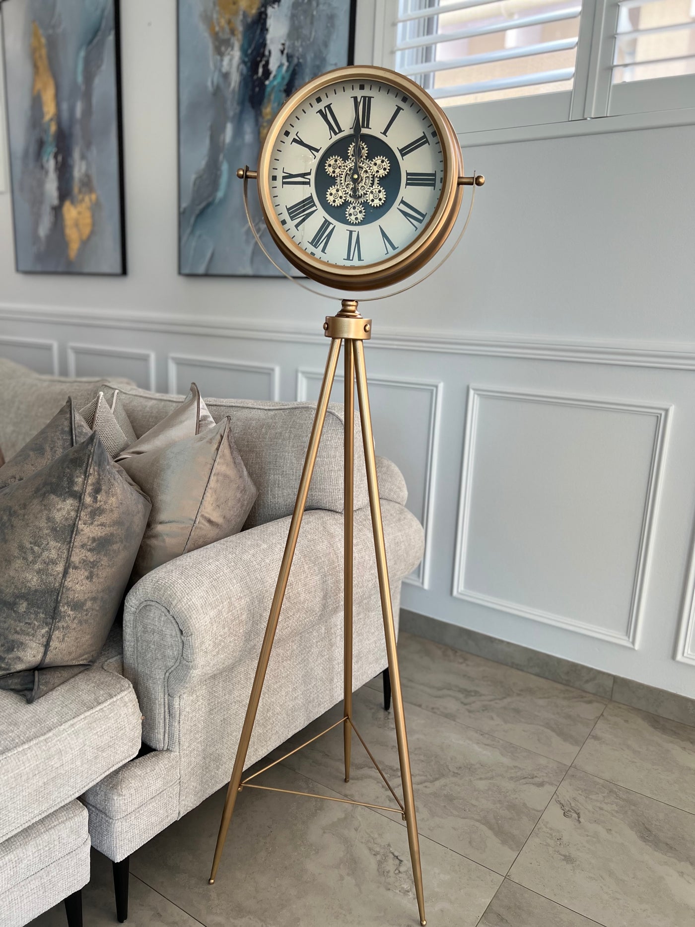 Gold tripod floor gear clock - Luscious Homewares