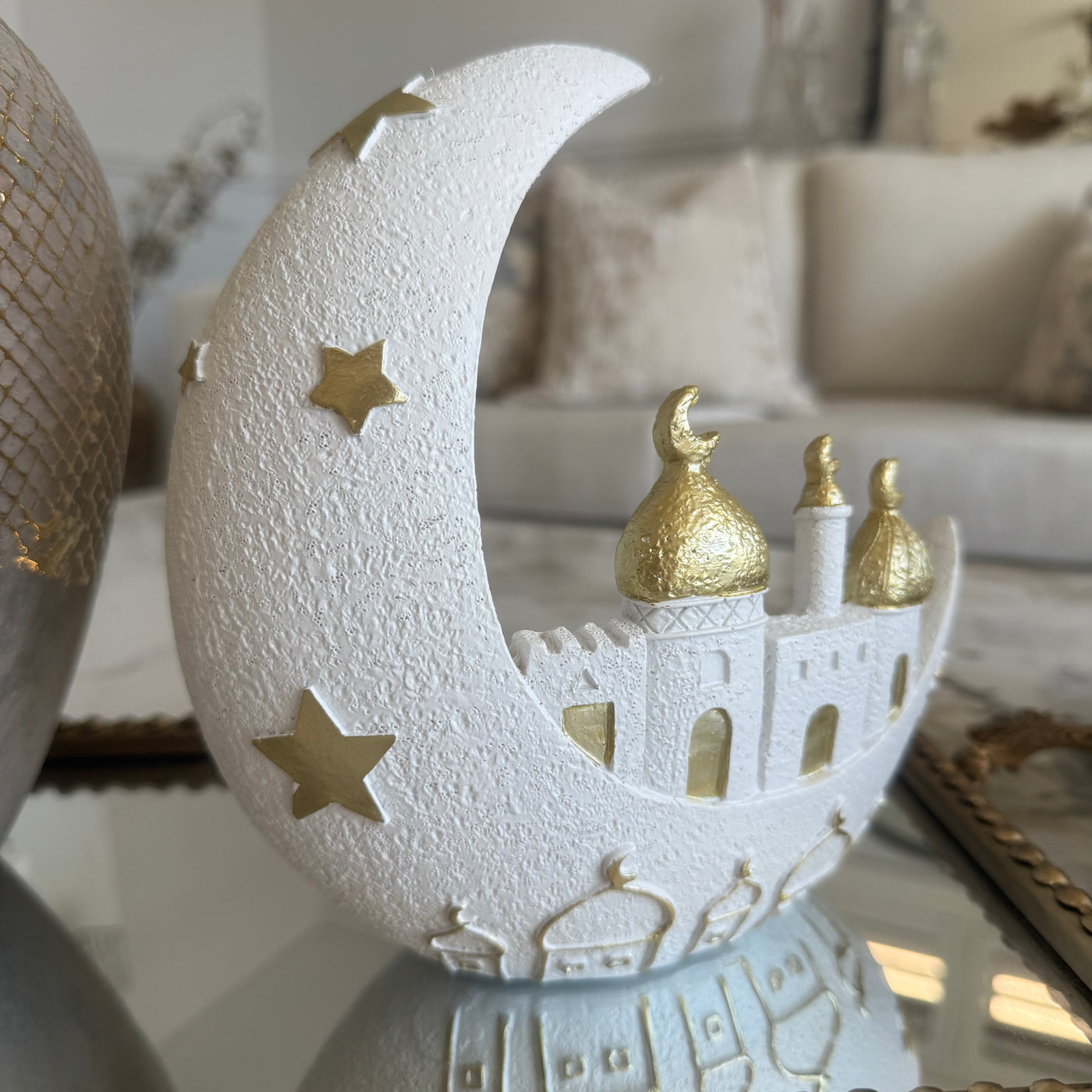 Ramadan gold and white display moon ornament