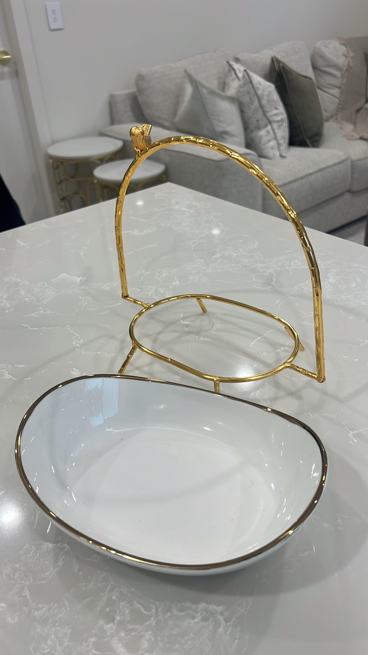 Asffor white and gold serving bowl with handle - Luscious Homewares
