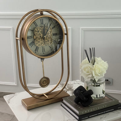 Rustic Pendulum Moving Gears Desk Clock, Gold - Luscious Homewares