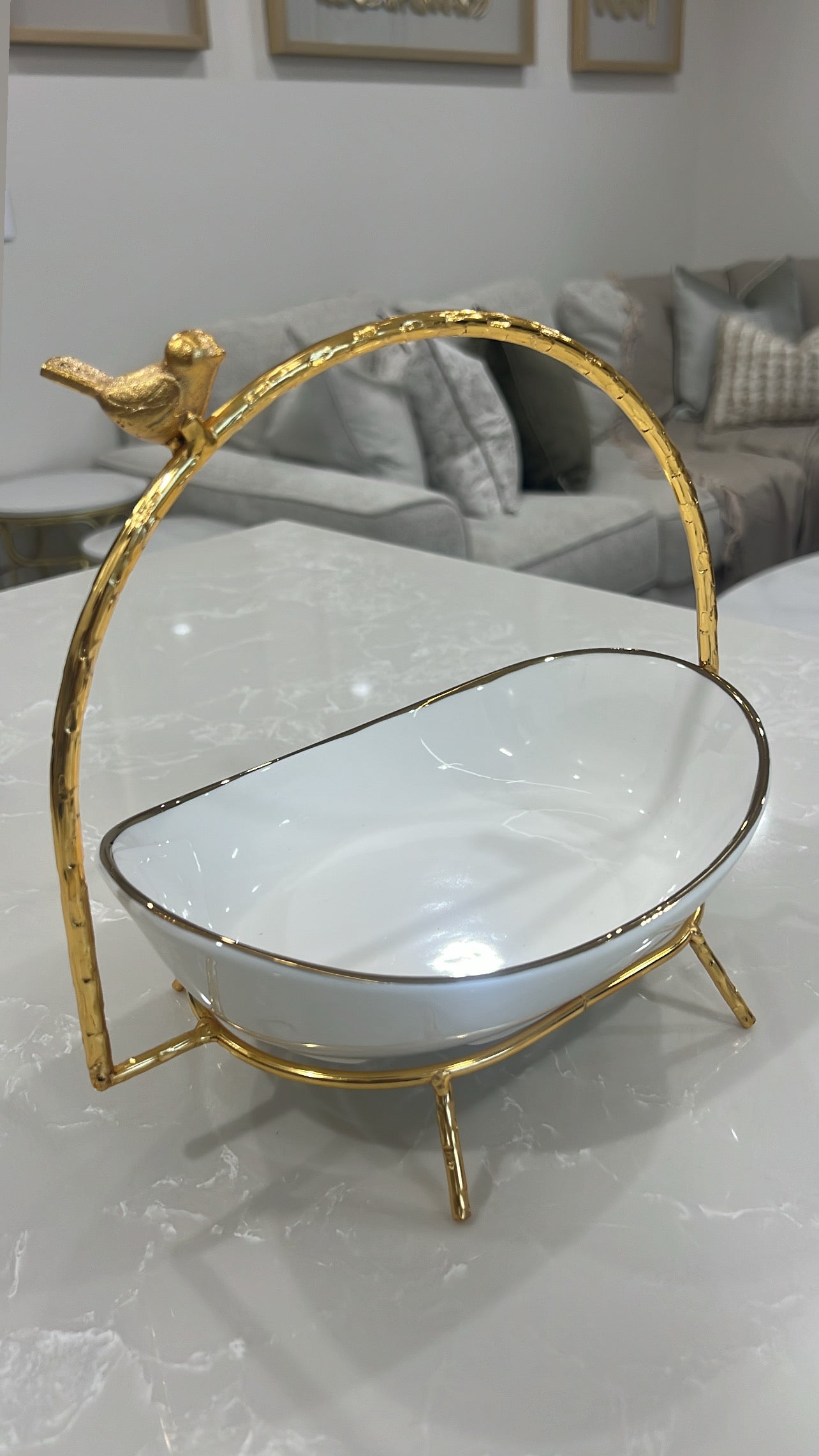 Asffor white and gold serving bowl with handle - Luscious Homewares