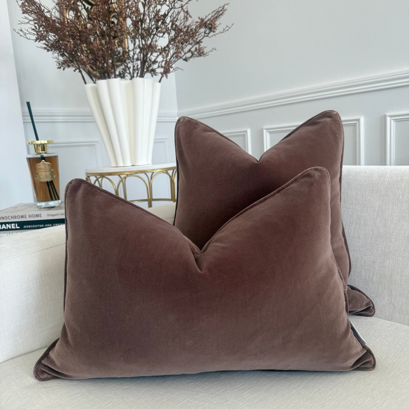 Brown cotton velvet cushion - Luscious Homewares