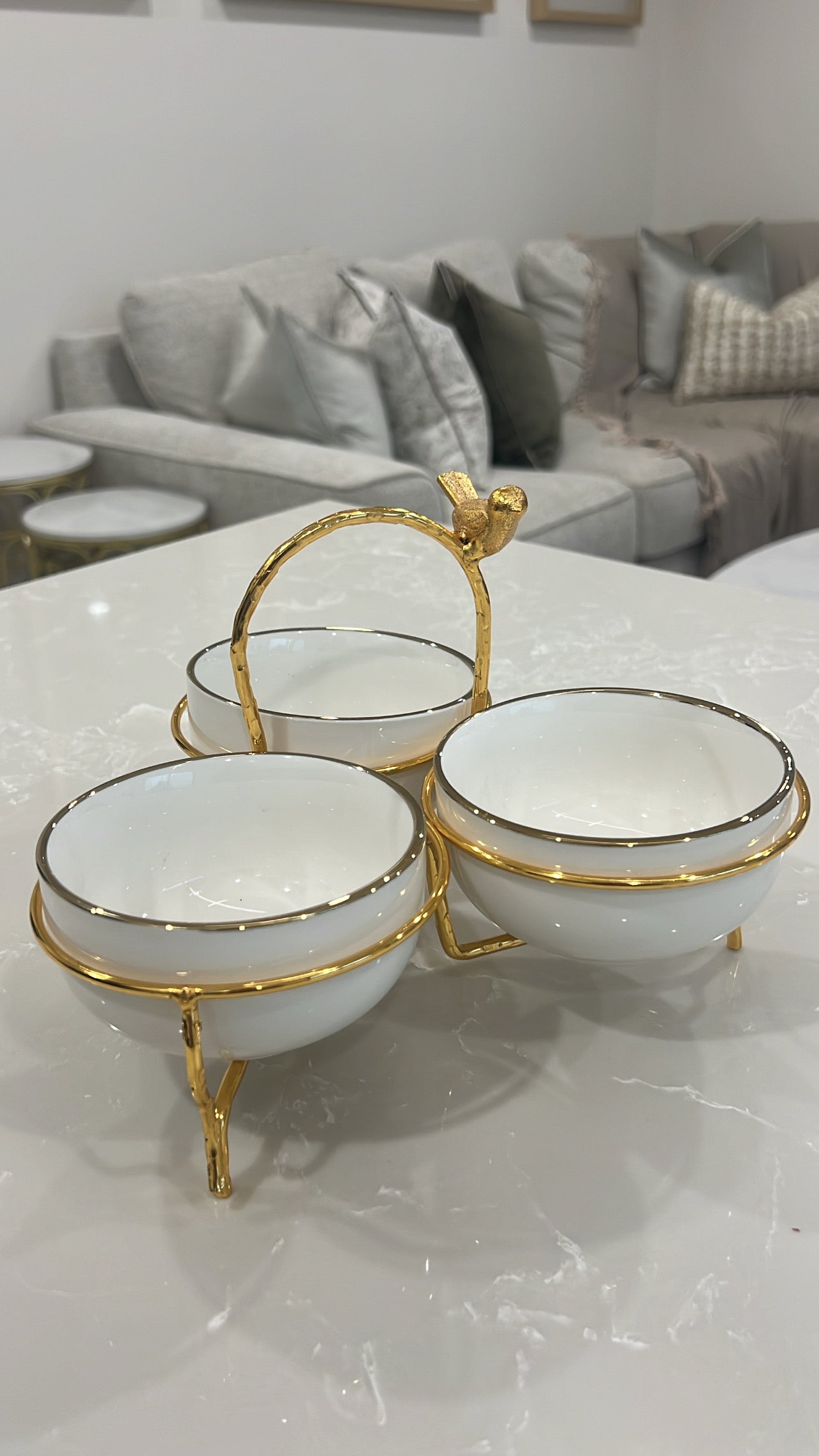Asffor white and gold triple serving bowl - Luscious Homewares