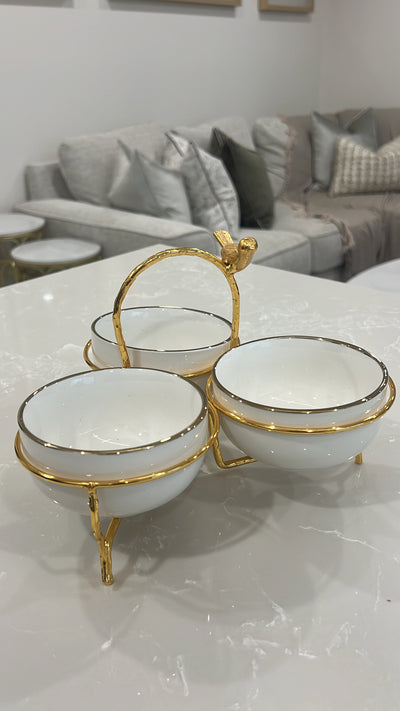 Asffor white and gold triple serving bowl - Luscious Homewares