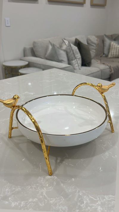 Asffor white and gold serving flat bowl - Luscious Homewares