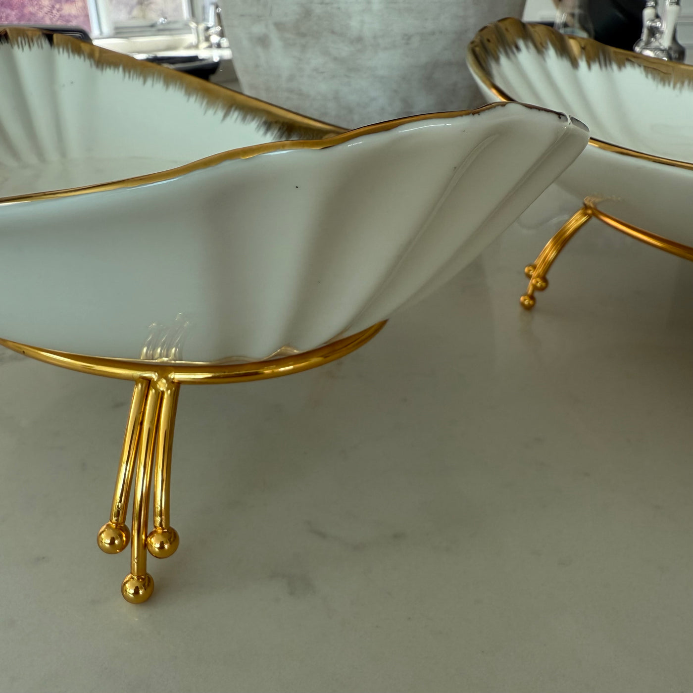Leanna white and gold oval serving bowl platter with stand - Luscious Homewares