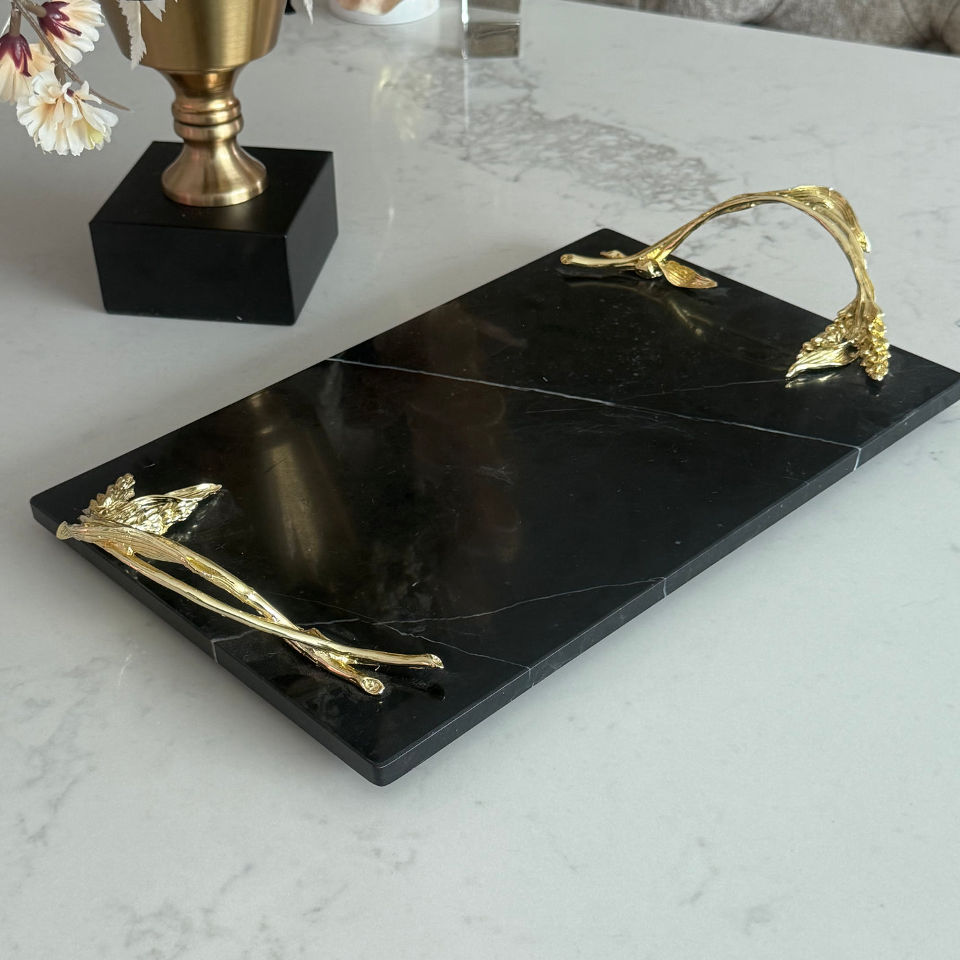 Claudette Black Marble Gold handle tray - Luscious Homewares