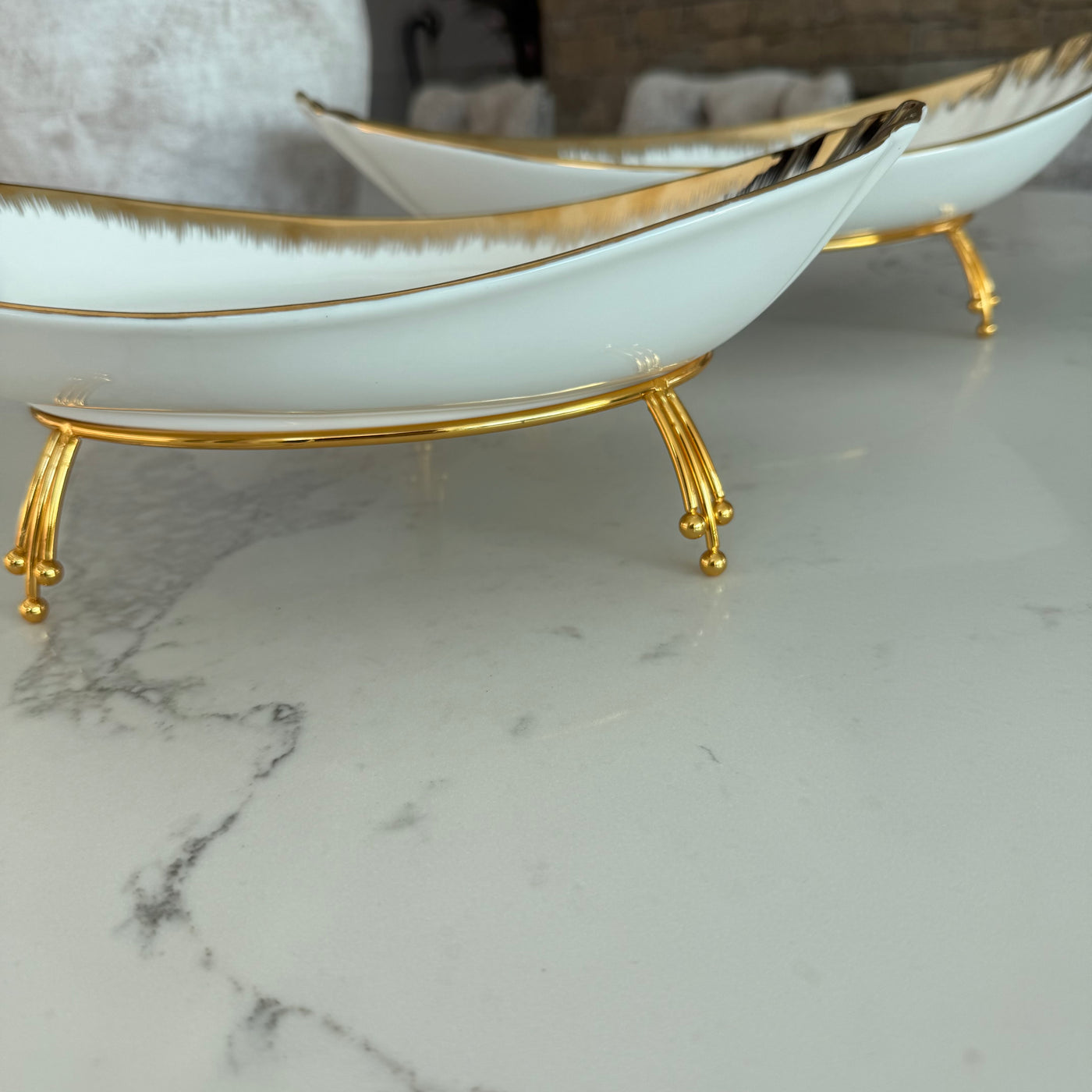 Leanna white and gold oval serving bowl platter with stand - Luscious Homewares