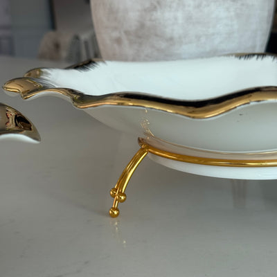 Leanna white and gold round serving bowl platter with stand - Luscious Homewares