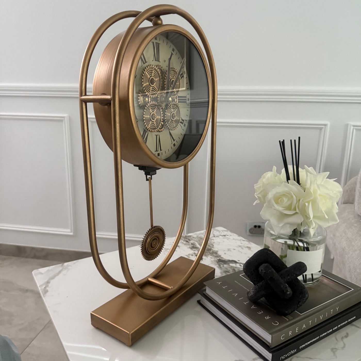 Rustic Pendulum Moving Gears Desk Clock, Gold - Luscious Homewares