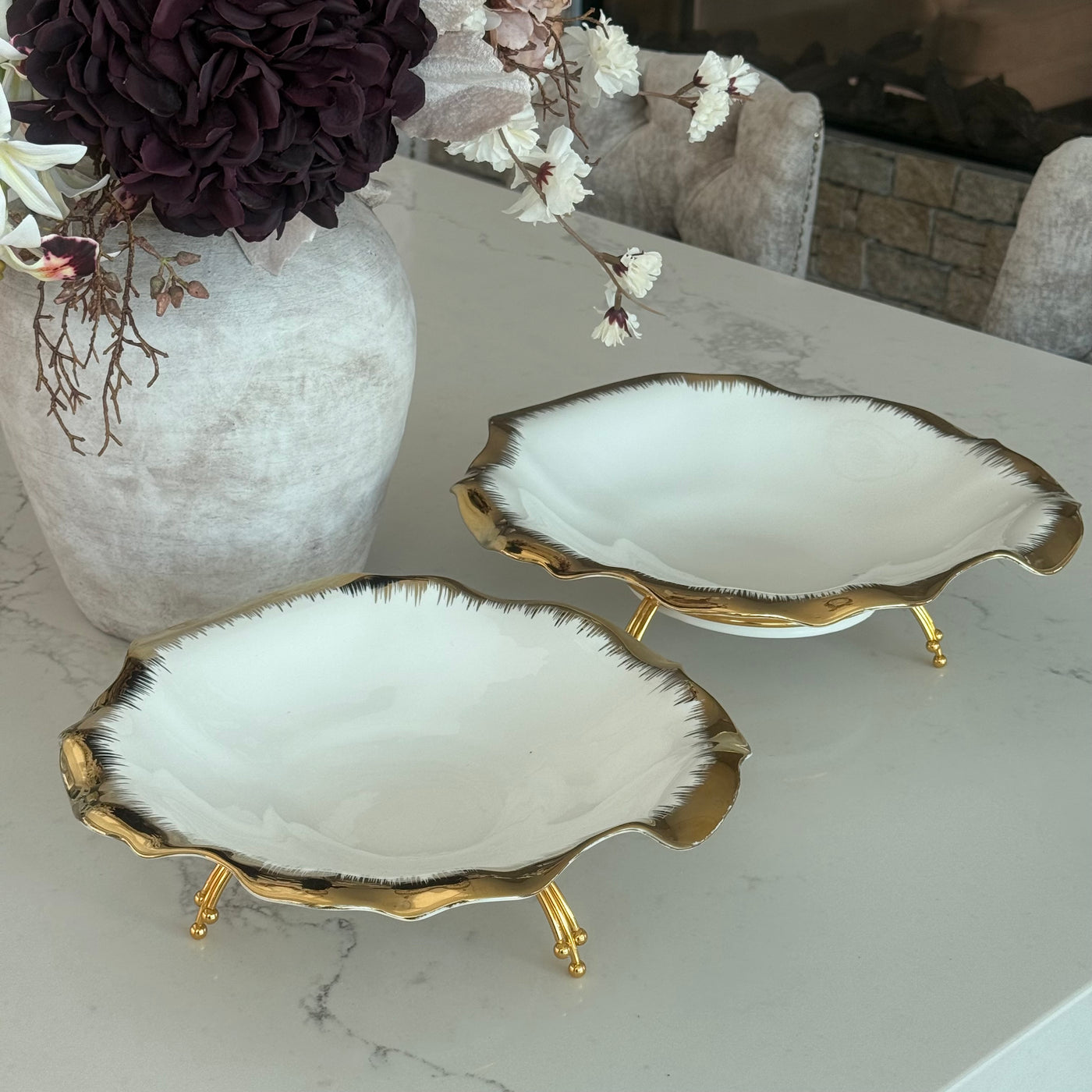 Leanna white and gold round serving bowl platter with stand - Luscious Homewares