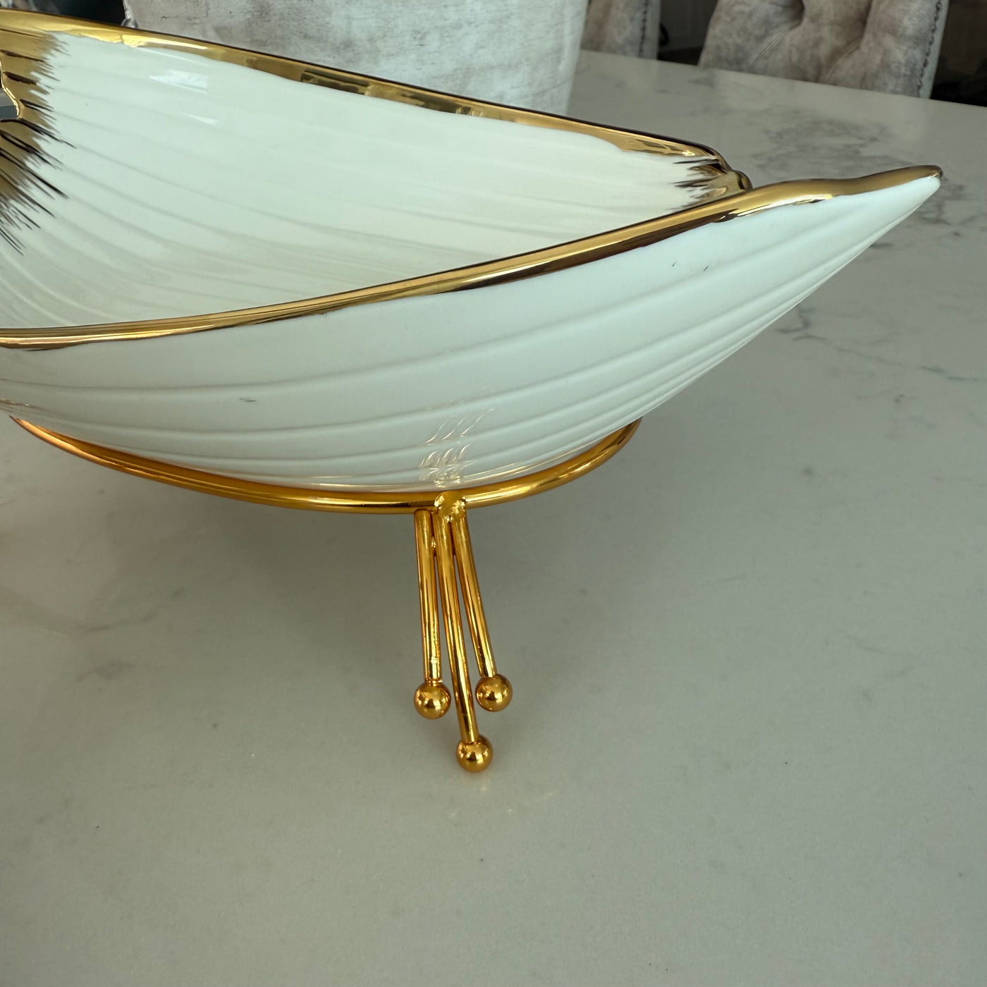 Leanna white and gold leaf serving bowl platter with stand - Luscious Homewares