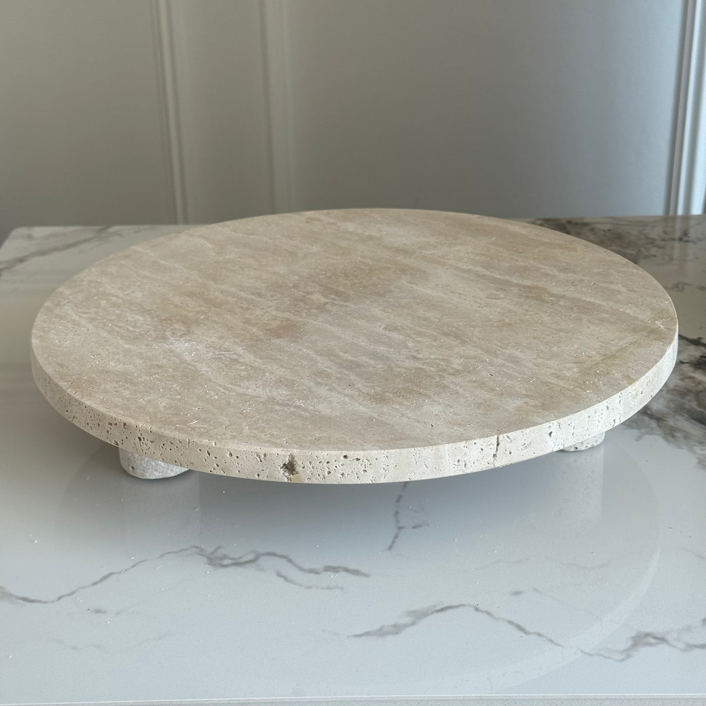 Travertine Stone round pedestal tray 35 cm diameter