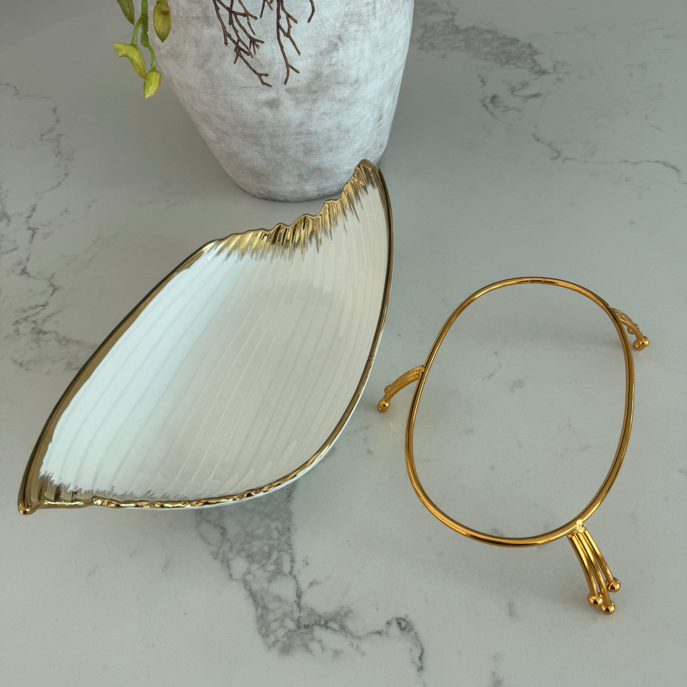 Leanna white and gold leaf serving bowl platter with stand - Luscious Homewares