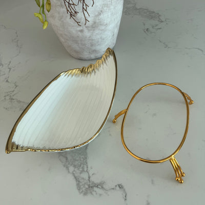 Leanna white and gold leaf serving bowl platter with stand - Luscious Homewares