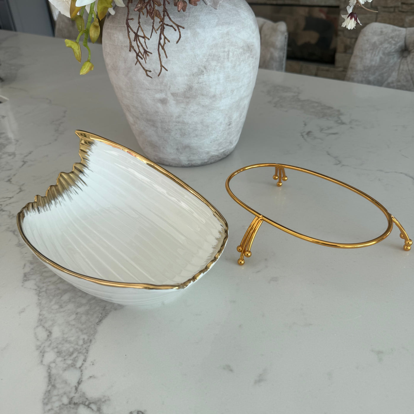 Leanna white and gold leaf serving bowl platter with stand - Luscious Homewares