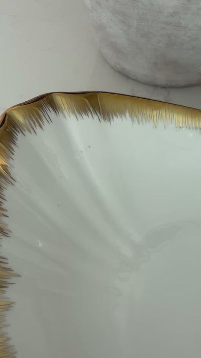 Leanna white and gold oval serving bowl platter with stand