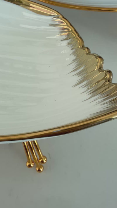 Leanna white and gold leaf serving bowl platter with stand