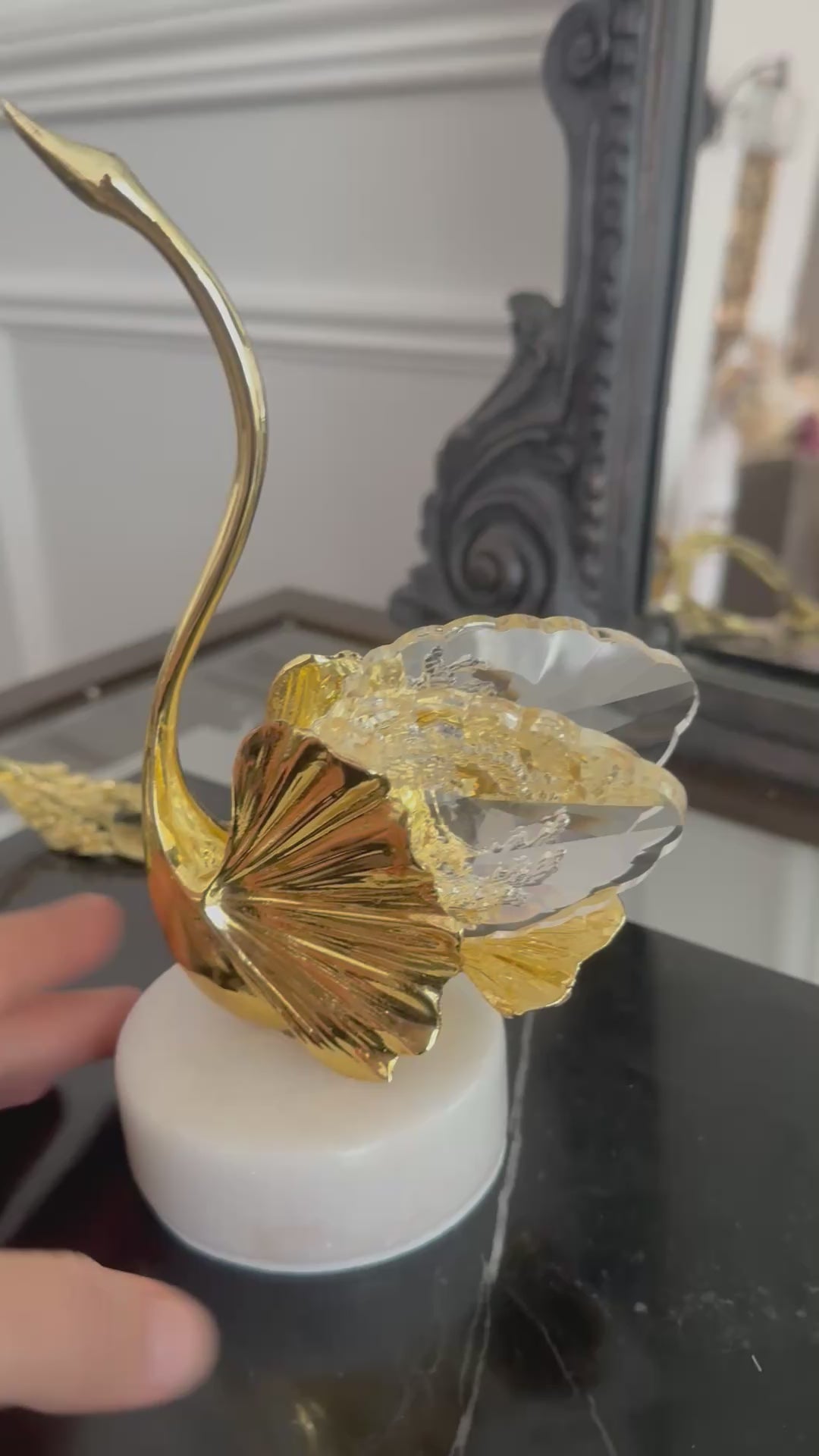 Crystal & Gold swan figurine marble stand